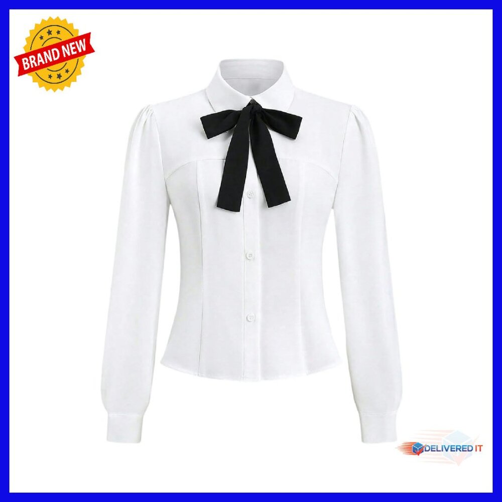 Polyester Puff Sleeve Button Down Crop Blouse Fit… - image 1